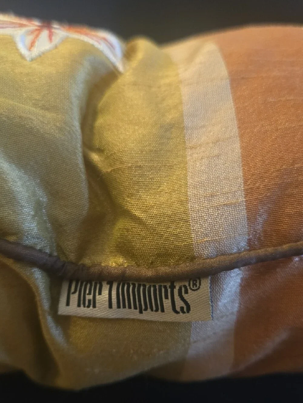 Pier 1 Embroidered Floral Accent Pillow in Gold and Orange. 100% Dupioni Silk.